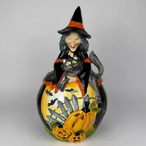 Grande decorazione leggera tè strega e gatto nero di Halloween ceramica con pipistrelli zucche - Foto 1 di 24