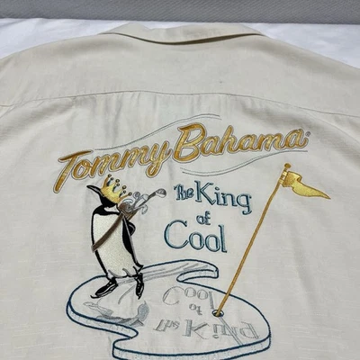 Camisa de campamento Tommy Bahama grande beige seda "The King of Cool" Penguin Golf Aloha Foto 1 de 4
