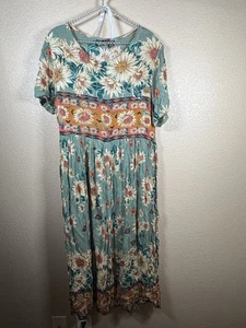 Maxi abito vintage Bila taglia grande verde floreale hippie tribale Cottagecore Prairie - Foto 1 di 9