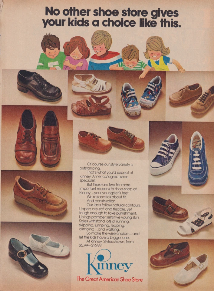 Kinney Shoe Store Vintage 1977 Print Ad Page Children's Shoes Boys Girls Foto 1 de 1