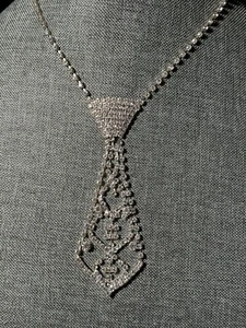Necktie Tie Collar Necklace Rhinestones Silver 15” Long - Picture 1 of 8