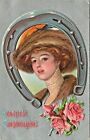 c1909 Uns. F Earl Christy Lovely Lady w Fur Hat Vintage Postcard Horseshoe Motif