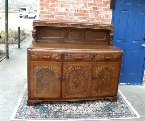 English Antique Tiger Oak Art Deco Sideboard / Small Buffet / Bar Cabinet Cover