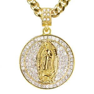 Gold Plated Iced Virgin Mary Guadalupe Pendant 24" Cuban Chain Necklace CPB3011G - Picture 1 of 4