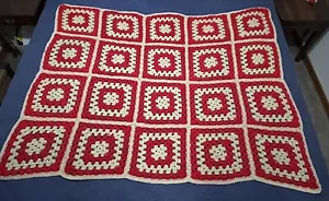 Vintage Handmade Crochet Afghan Knit Throw Lap Blanket Red & Tan 43" x 52" - Picture 1 of 5