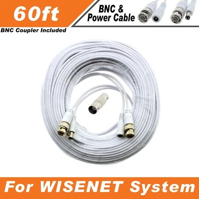 PREMIUM 60Ft HIGH QUALITY THICK BNC EXTENSION CABLES FOR WISENET SYSTEMS WITHE - Image 1 of 4