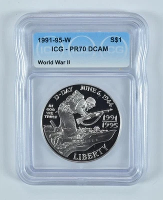 1991-95-W World War II Commemorative Silver Dollar PR70 DCAM ICG *3952 - Image 1 of 4