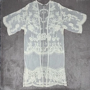 Creme transparente bestickte Spitze Long Strickjacke Gr. M romantisch Kimono Staubtuch Boho  - Bild 1 von 4