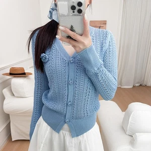 Suéter Lyocell Mezcla Flor Tejido Para Mujer Otoño Nuevo Cuello en V Cárdigan Hueco - Imagen 1 de 19