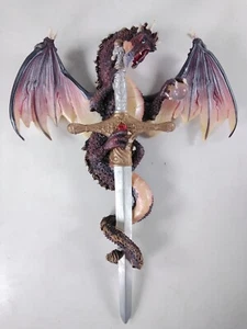 Red & Black Dragon with Orb & Sword Medieval 10" Fantasy Statue Wall Decoration - Picture 1 of 6
