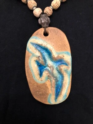 Seagull necklace, blue glass inlay, handmade clay birds and silver beads - Image 1 of 4