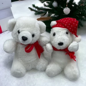 Polar Bear Plush Stuffed Animal Lot of 2 Knit Red Hat Christmas Bow 10" - Picture 1 of 9
