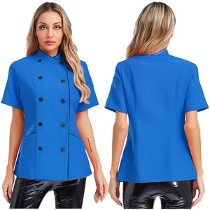 Women Jacket Kitchen Coat Cafe Tops Collar Short Sleeve Canteen Chef Cooking - Picture 1 of 77