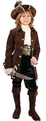 Pirate Caribbean Buccaneer Captain Brown Fancy Dress Up Halloween Child Costume - Image 1 of 2