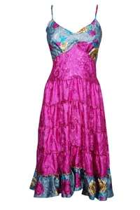Pink Spaghetti Strap Sundress Recycled Silk Vintage Summer Printed Dress S/M