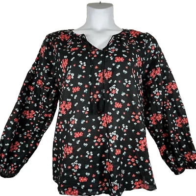 Blusa Sonoma Oscura Floral Popover Top Boho Borla Negra Roja Algodón Pradera XL Foto 1 de 4