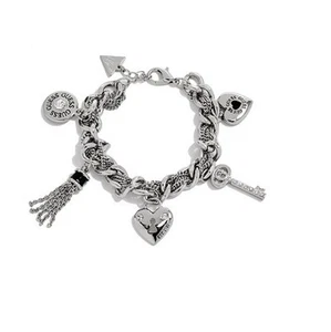 GUESS SILVER+BLACK TONE WOVEN LINK CHAIN,CRYSTAL,KEY,HEART,TASSEL CHARM BRACELET - Picture 1 of 2
