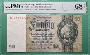 1933 GERMANY REICHSBANKNOTE 50 REICHSMARK P#182a PMG 68 EPQ GEM UNC TOP POP! - Picture 1 of 3