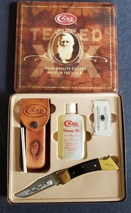 CASE XX  00182 Folding Knife Gift Tin Set Leather Sheath Oil Stone  - Picture 1 of 4