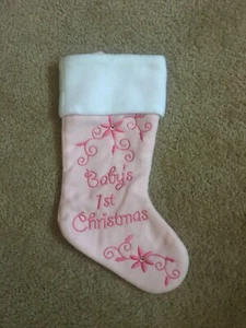 New Baby's First Christmas Pink Embroidered Stocking - Picture 1 of 3