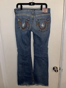 True Religion Jeans Womens 30 Bobby Blue Denim Flared Bell Bottom Y2K Distress - Picture 1 of 4