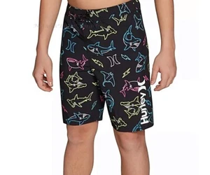 HURLEY Boys Swimsuit Swim Trunks Size 4-16 SHARK Shorts Board Boardshorts Black - Picture 1 of 4