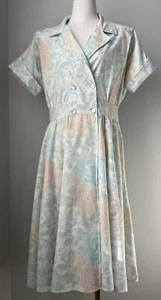 Vintage 80’s Sansage Fit And Flare Pastel Floral Cuffed Sleeve Dress Size 16 L - Picture 1 of 6