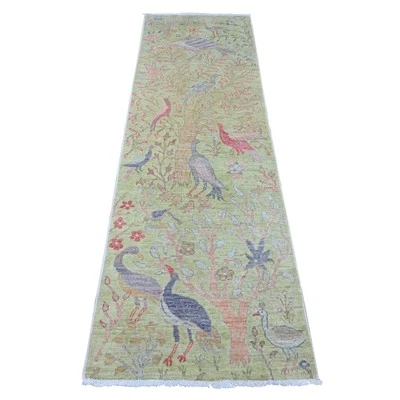 2'4"x7'9" Green Hand Knotted Afghan Peshawar Birds Design Wool Runner Rug G20270 - Image 1 of 4