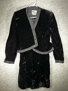 Vintage Nipon Coature 2 Teiler Midi Rock Anzug Schwarz Velour 4 Knopf Blazer - Bild 1 von 15