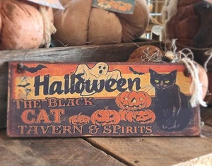 SIGNO DE HALLOWEEN rústico nostálgico decoración de granja 13 X 5 The Black Cat Tavern - Imagen 1 de 8