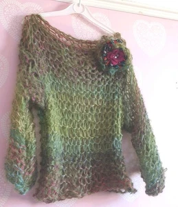 UK Designer Wool & Mohair mix Rainbow knitted jumper with corsage UK 22-24 - Picture 1 of 8