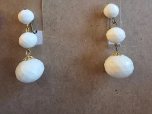 Vintage Western Germany Clip-On Earrings White Bead Dangle Drop 2.5" - Picture 1 of 7