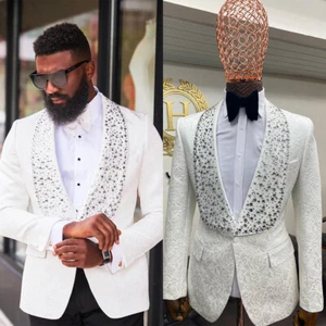 Chaqueta blanca de cachemira para hombre con estrás cuello Shwal para boda banquete uso formal - Imagen 1 de 9