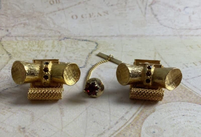 Juego de gemelos y collar cadena vintage años 70 color rojo piedra cuerno dorado Foto 1 de 4