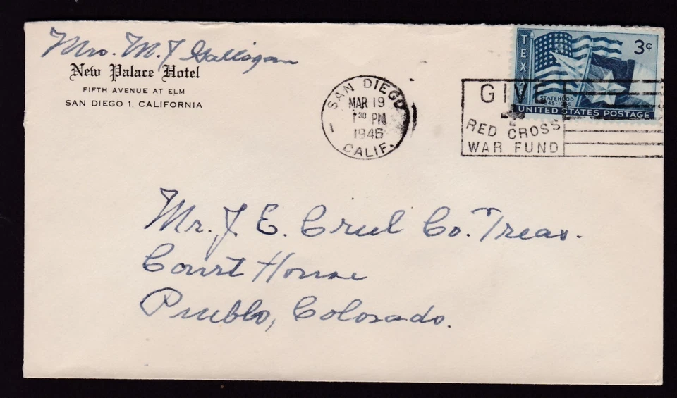 ADVERTISING - SAN DIEGO, CALIF. 1946, NEW PALACE HOTEL - Image 1 of 1