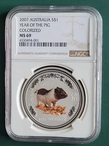 2007 Australia Coin Pig Colorized 1 oz 999 pure SILVER NGC MS69 Lunar series 1 - Picture 1 of 2