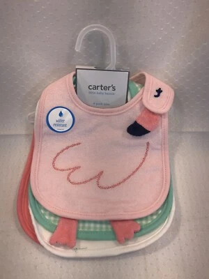 Babadores Carters 4 peças impermeáveis para alimentação de bebê infantil flamingo pássaro rosa incrível - Imagem 1 de 4