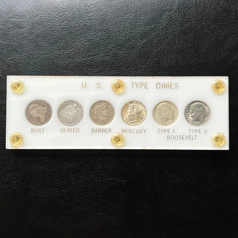 US Type Dime Set - 1837 Capped Bust, 1877-CC Seated, 1908-D Barber, 1943 Mercury Cover