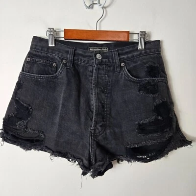 Abercrombie & Fitch Size 28 Black Shorts Destroyed High Rise Denim Grunge Cotton - Image 1 of 4