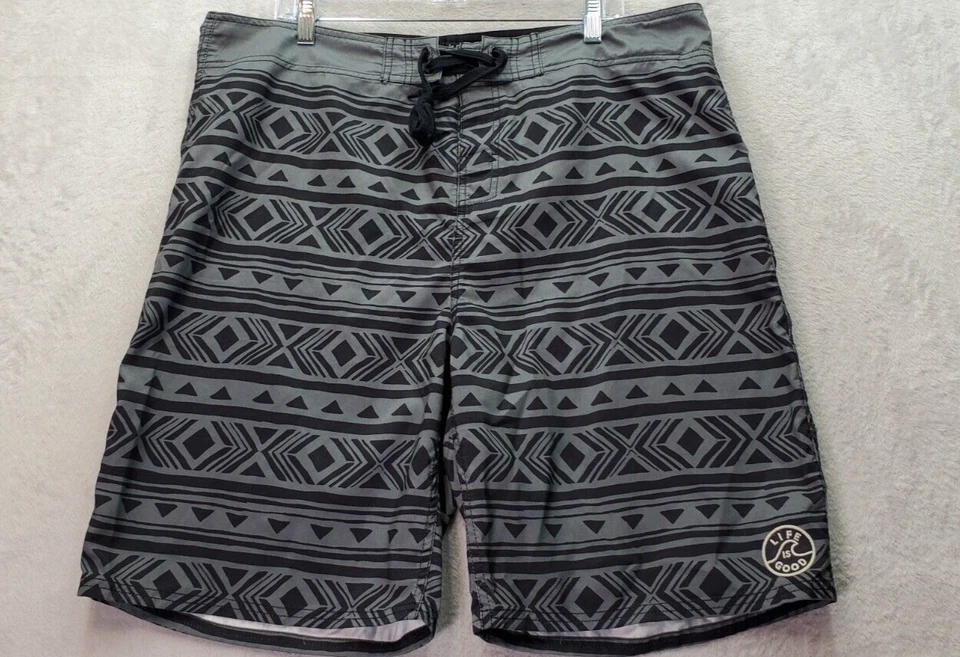 Pantalones Cortos Life is Good Hombre Talla 40 Gris Estampado Azteca Poliéster Logo Cordón Foto 1 de 4