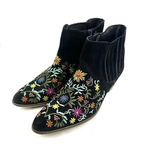 Diba Ankle Boots 7.5 Black Suede Embroidered Floral Zip Up Bootie Womens - Picture 1 of 11