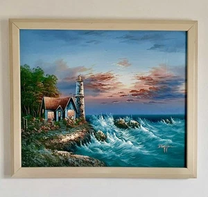 B.Duggan Original Oil Canvas Painting Beach Ocean Wave Seascape Lighthouse 22”H - Picture 1 of 24