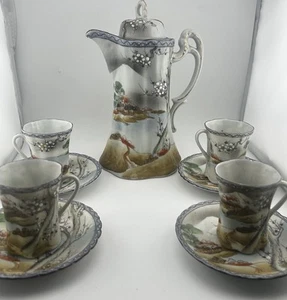 VINTAGE NIPPON / JAPAN COCOA / TEA POT SET PRUNUS SCENIC & BEADWORK CUPS/SAUCERS - Picture 1 of 17