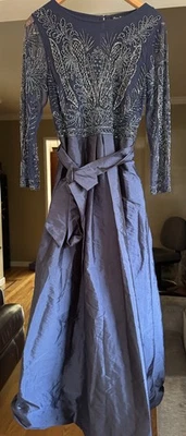 Pisarro Nights Size 14 Beaded Mesh Gown Formal Dress Blue Long Sleeve NWT Flaw  - Image 1 of 4