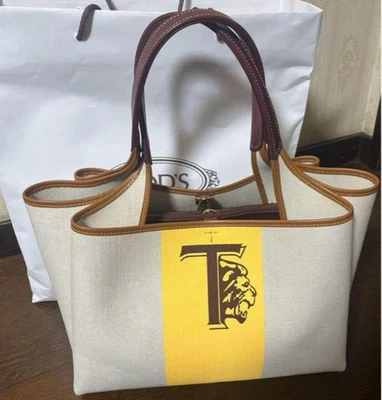 TOD’S Canvas Tote Bag Yellow Lion Logo Casual Large Capacity Used Japan - Image 1 of 4