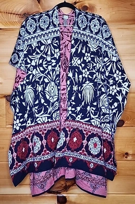 CHICOS Red Navy White Cape Shawl Poncho Wrap One Size 55% Silk, 45% Cotton - Image 1 of 4