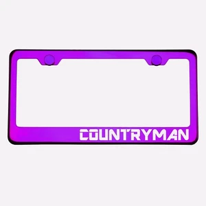 Purple Chrome License Plate Frame COUNTRYMAN Laser Etched Metal Screw Cap - Imagen 1 de 8