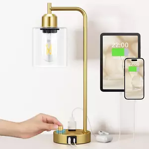 Gold Table Lamp for Bedroom - Industrial Bedside Lamp with USB Port and Outlet, - Picture 1 of 12