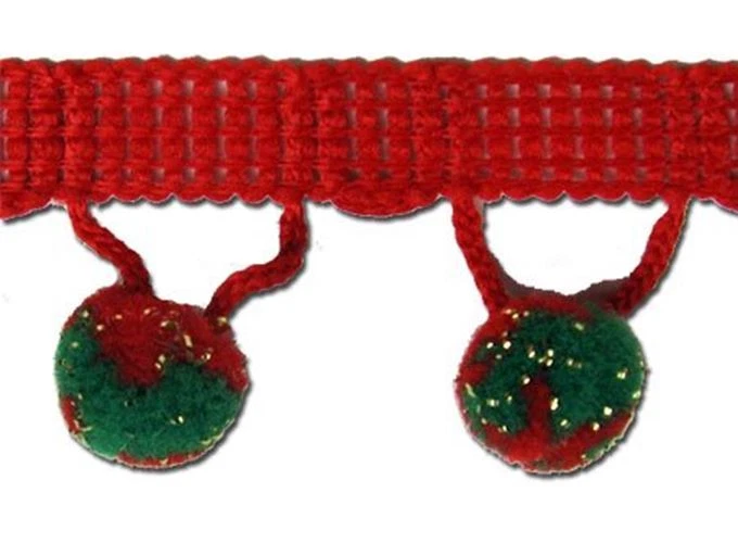 TRIMPLACE Green, Red, Gold 1-1/4" Ball Fringe with 1/2" Pom Pom - 18 Yards - Image 1 of 1