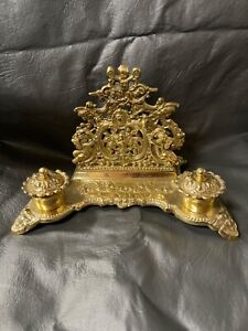 BRASS DOUBLE INKWELL AND LETTER HOLDER ORNATE-perfect!